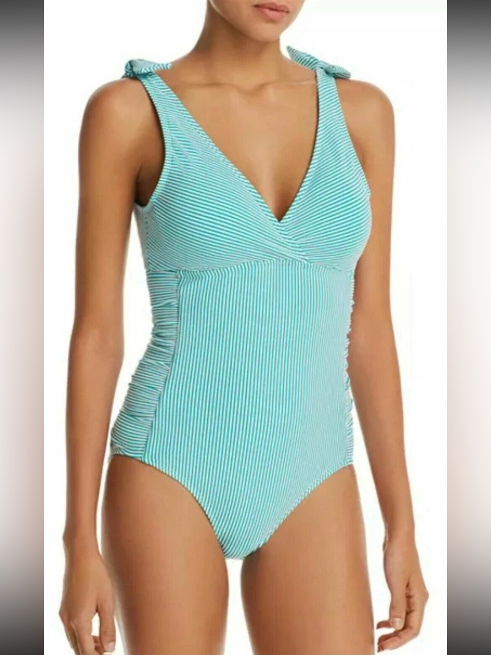 Lauren Ralph Lauren Seersucker Stripe Tie Shoulder One Piece Swimsuit 20W